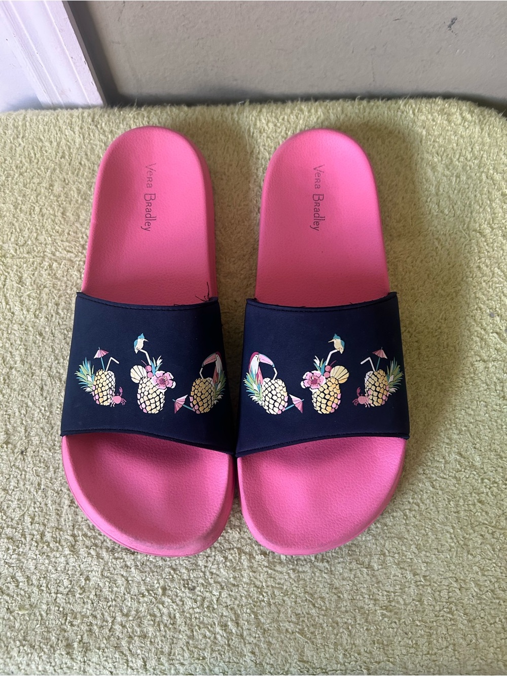 Vera Bradley Pink Footbed Navy Pineapple Slide Sandals